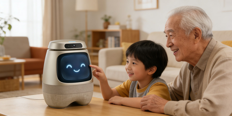 小慧陪伴机器人展示，银白色圆润机身，屏幕上显示温暖的笑脸表情，放置在办公木质桌面上，周围环境整洁专业，传达友好亲切的陪伴感